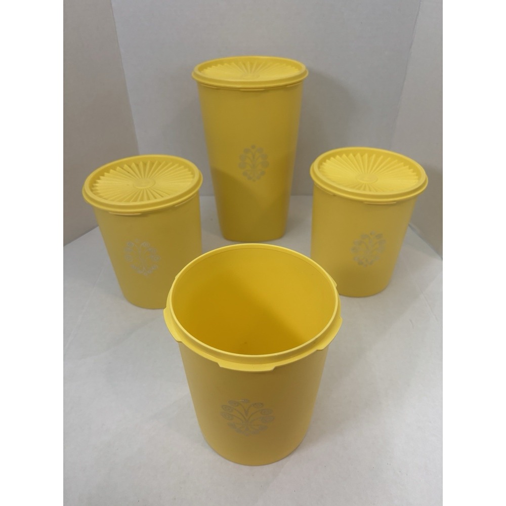 Vintage Tupperware Servalier Snackeeper Canister Set Yellow Gold Floral 7 Pc